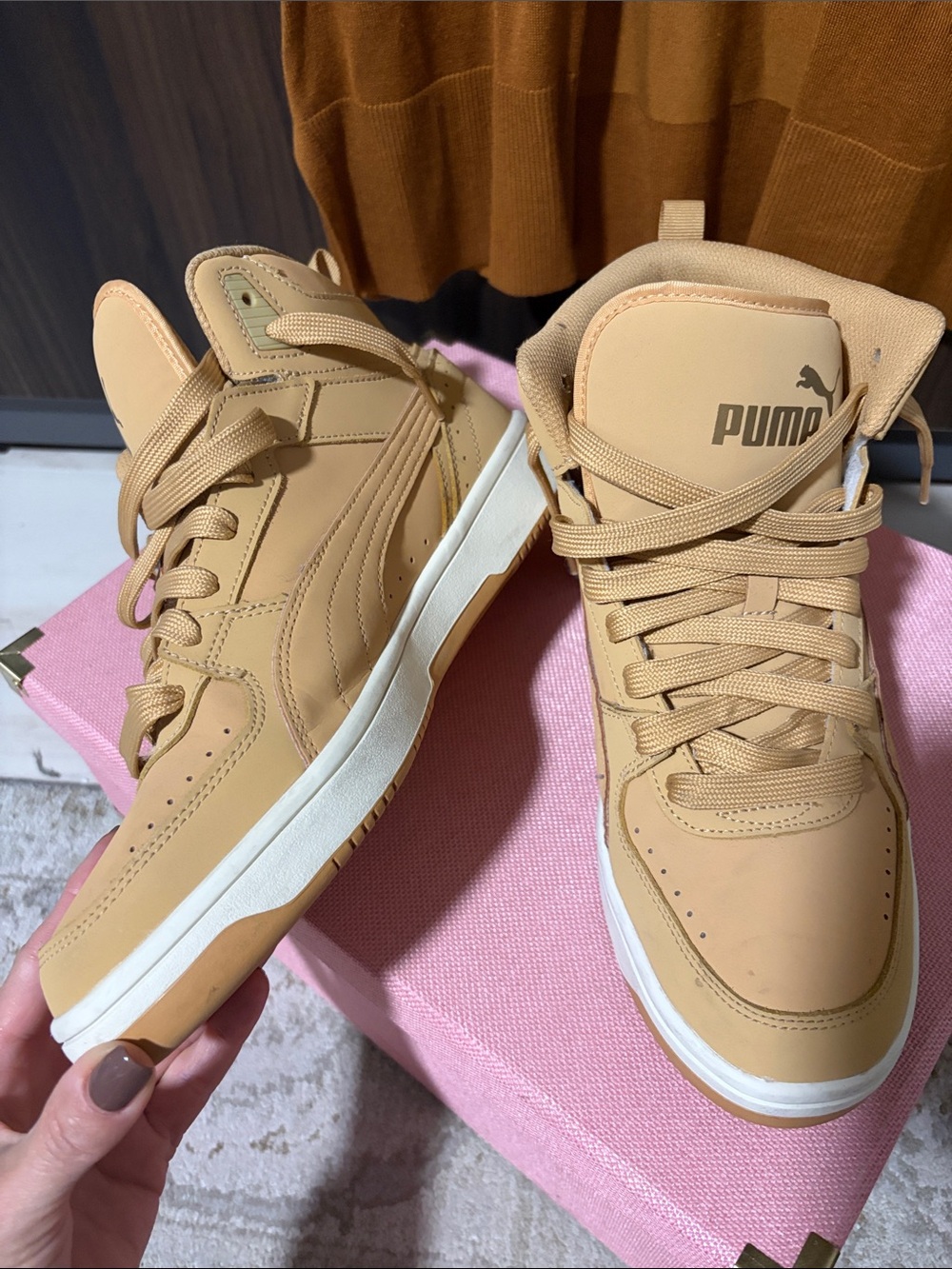 Puma Men's High-Top Sneakers in Tan and White - Picture 6 of 6